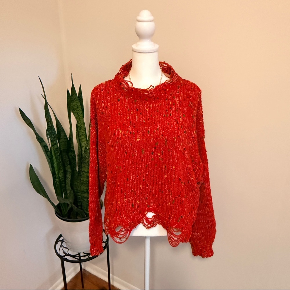 POL | Vibrant Red Distressed Oversized Sweater